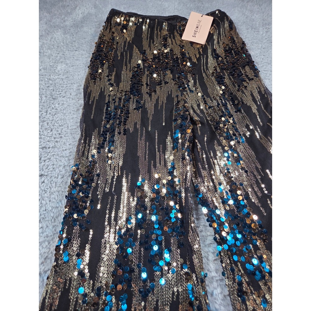SHEINBAE Sequin Flare Pants XS Black Gold Teal Womens High Waist Party Trousers - Picture 3 of 10